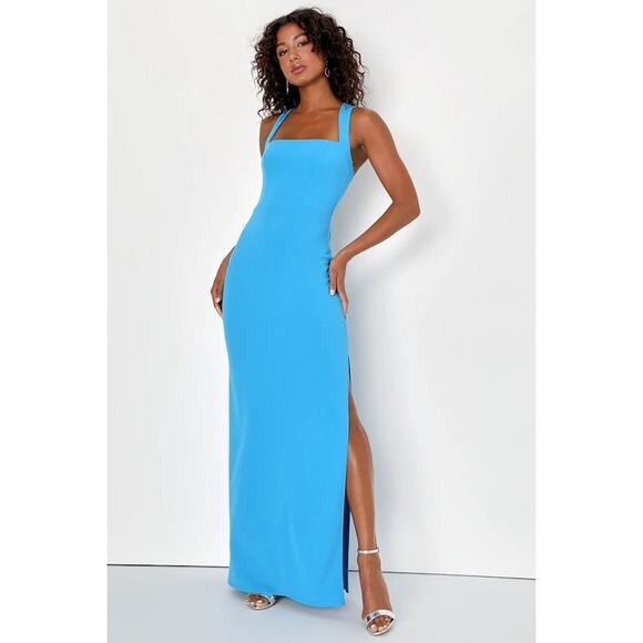 Lulus “Glamorous Dedication” Blue Sleeveless Cross Back Column Maxi Dress XL NWT - Picture 1 of 7
